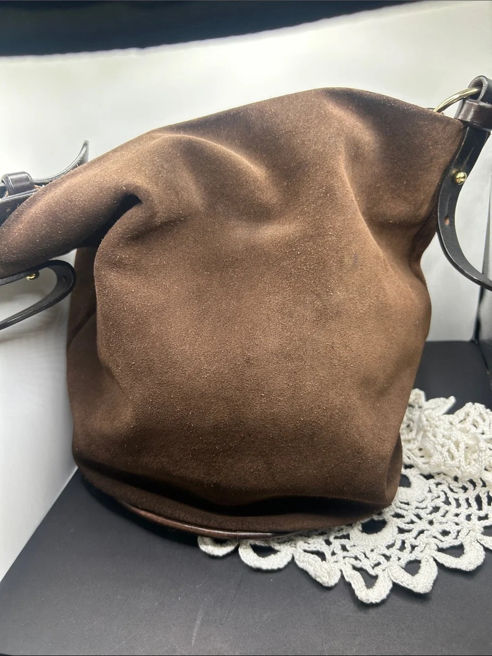 Dooney & Bourke Dark Brown Suede Shoulder Bag with Leather Trim